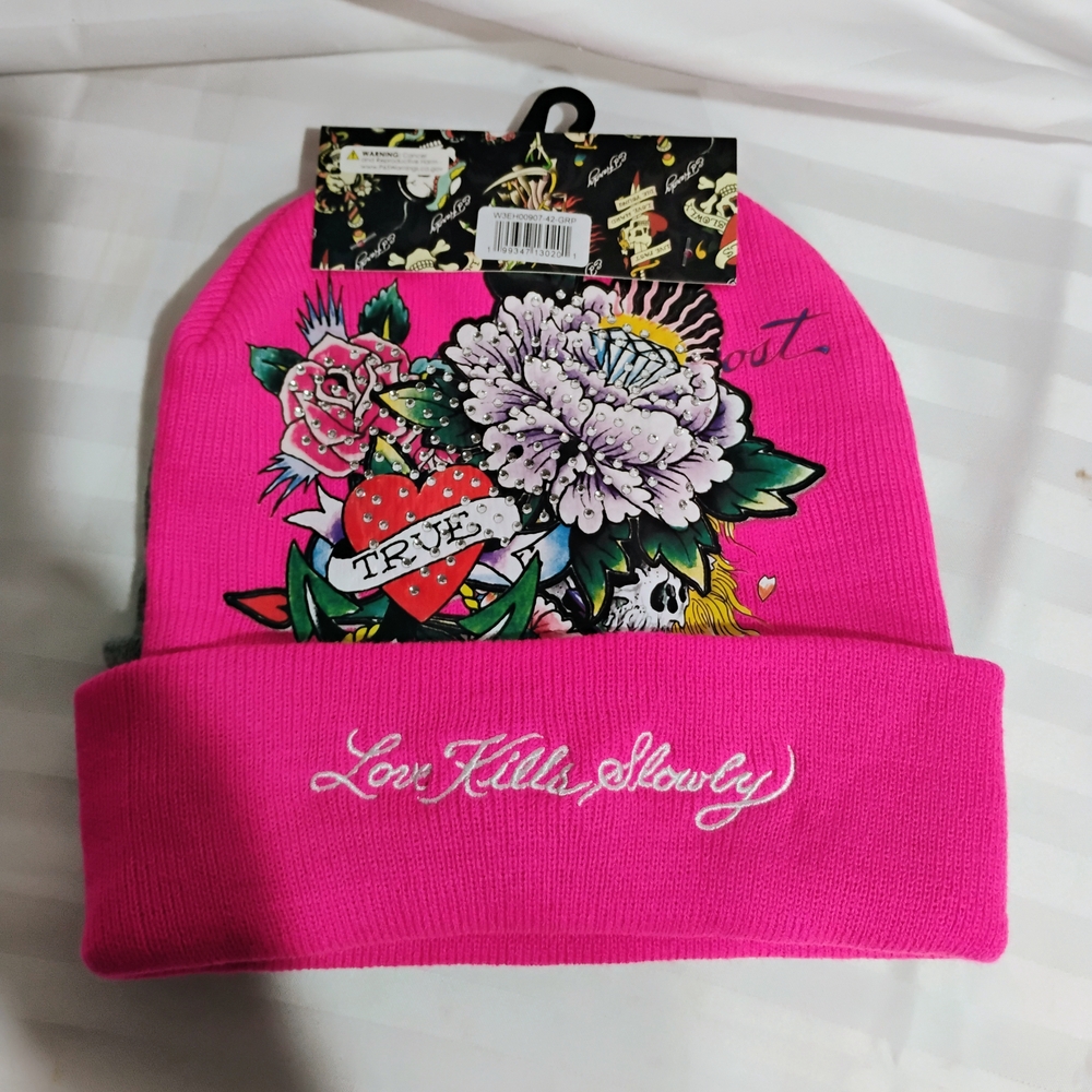 Pink and Gray Beanie with Floral Design.